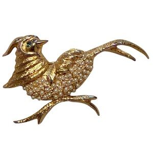 HOBE Gilt Metal Pearl Encrusted Bird Brooch C 1960